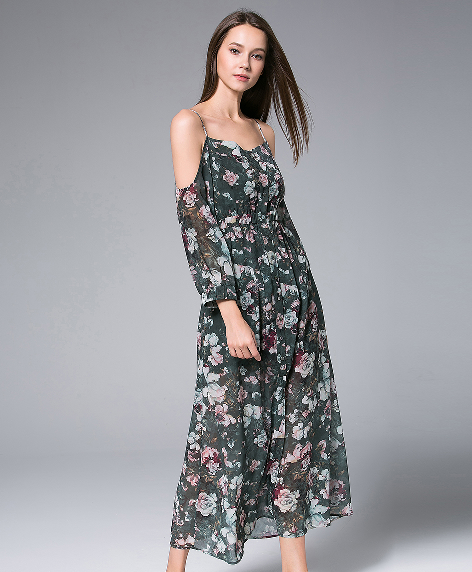 Dress -  Digital Roses Printed  silk chiffon maxi dress